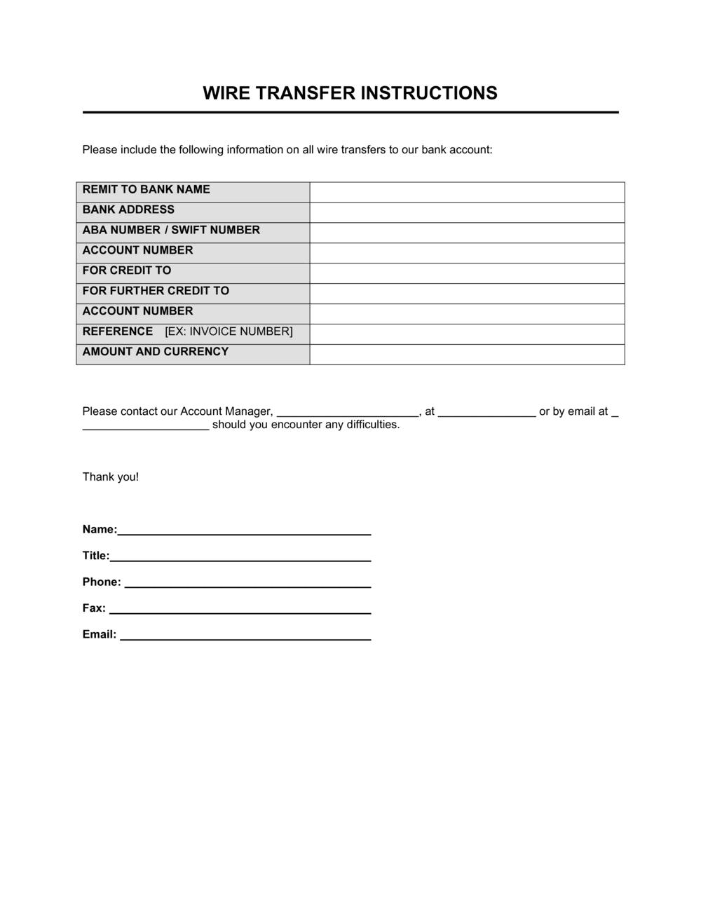 Wire Transfer Instructions Form Template