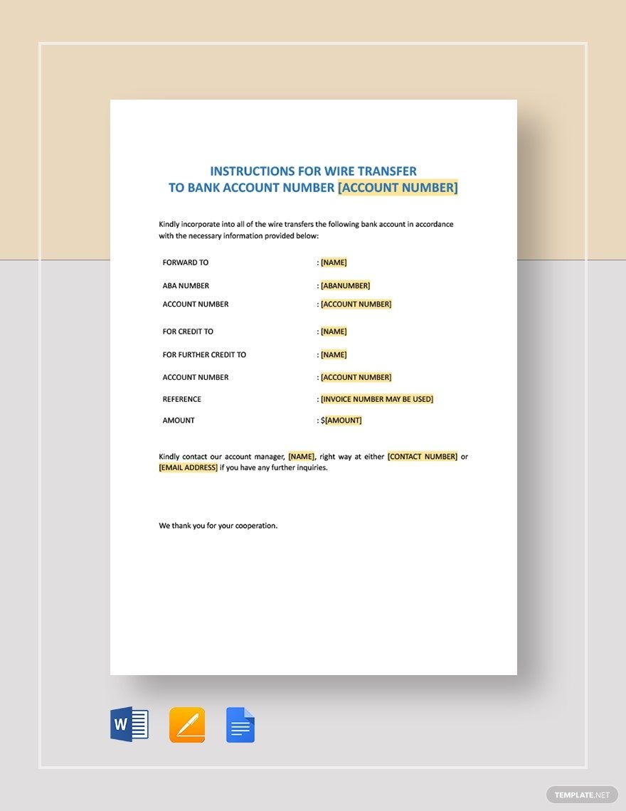 Wire Transfer Instructions Form Template In Pages Word Google Docs Download Template