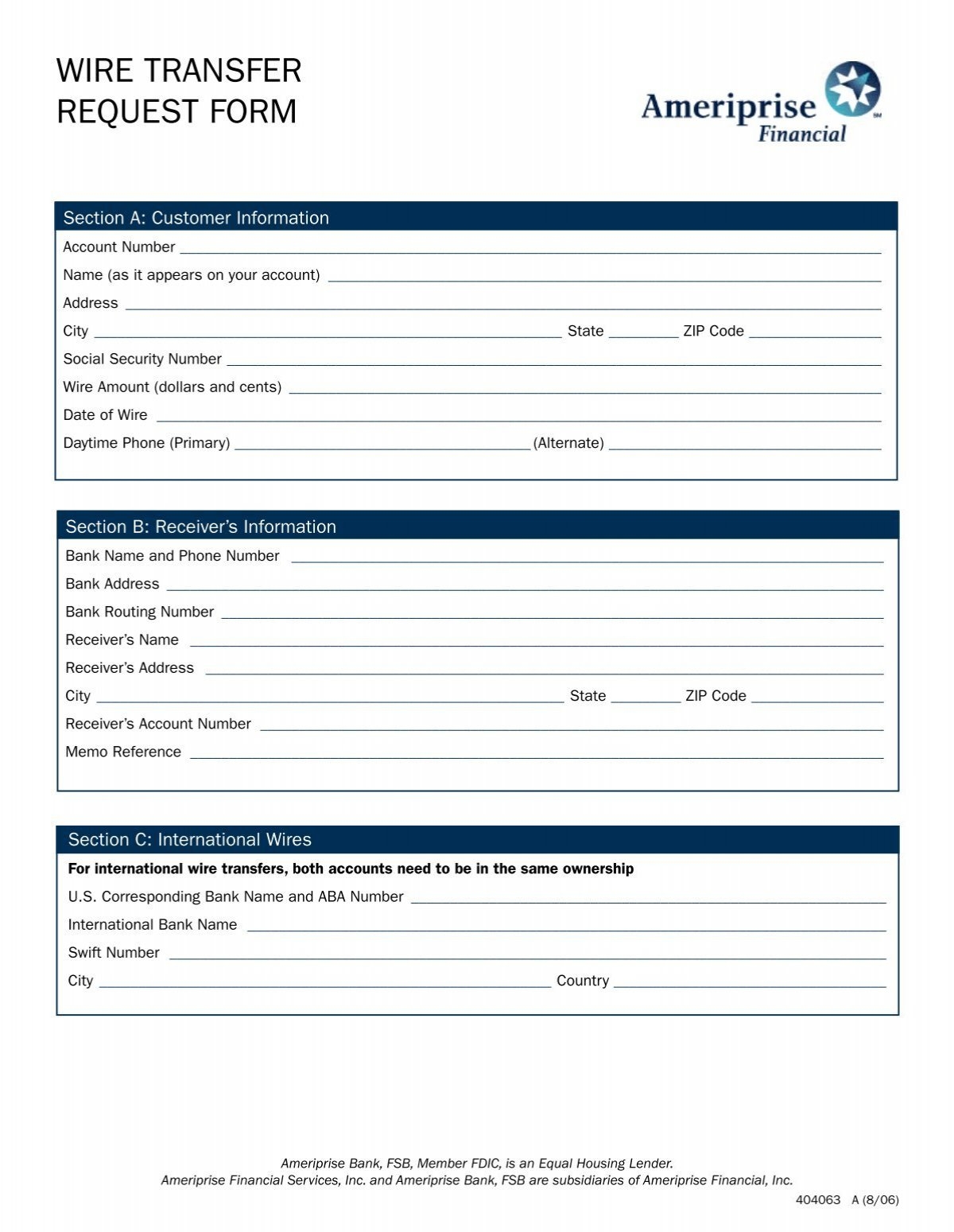 Wire Transfer Form Template