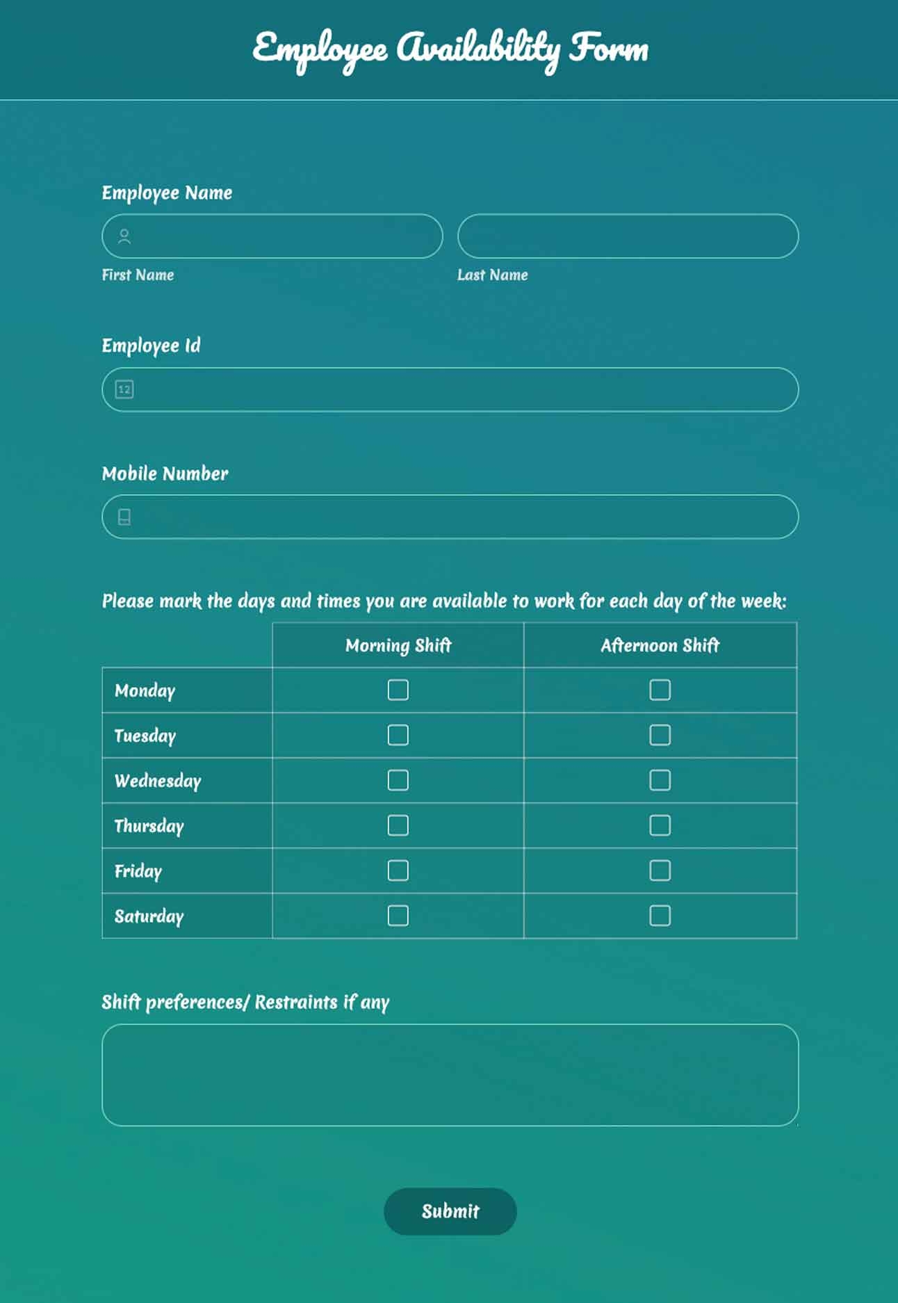 Availability Form Template