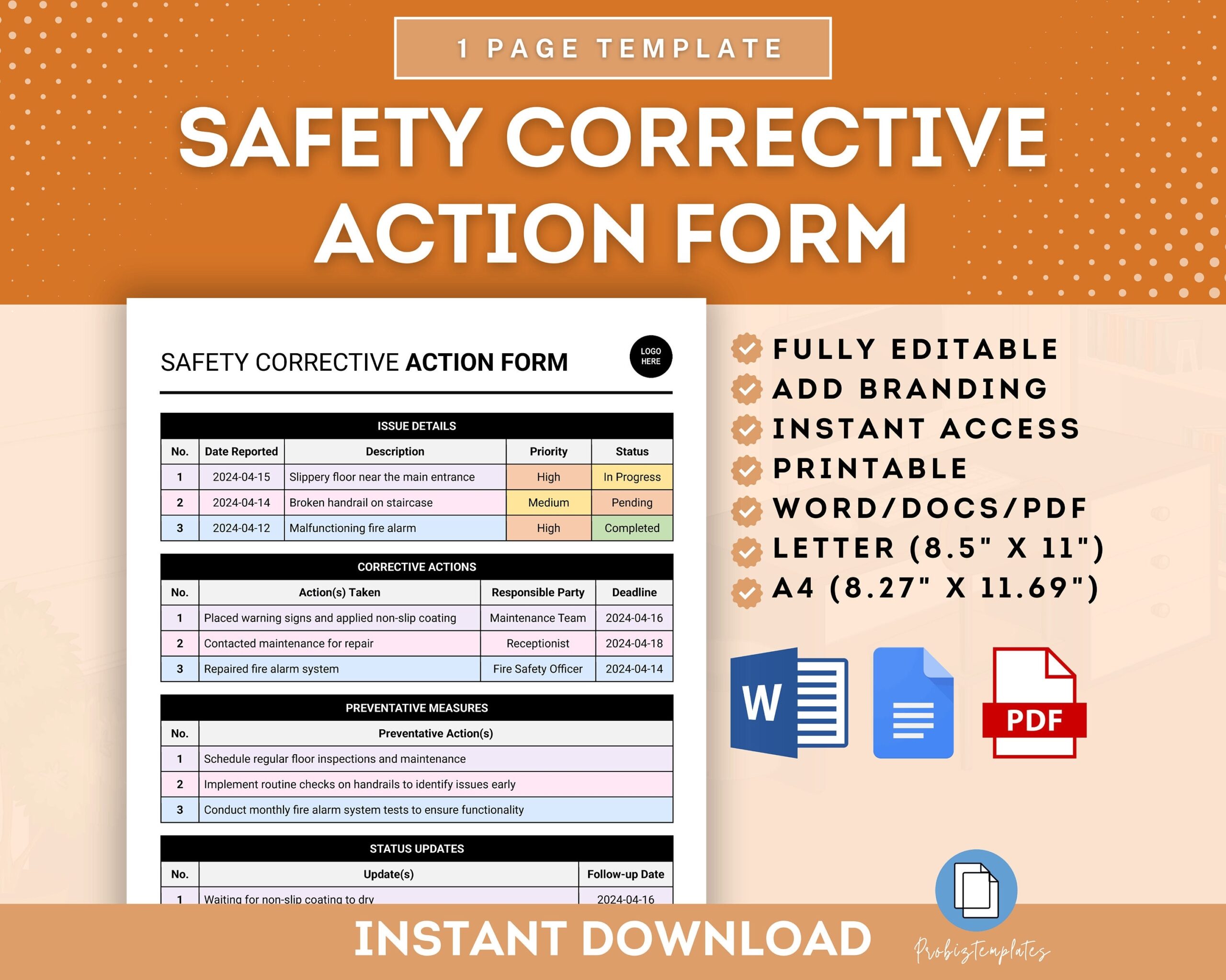 Workplace Safety Corrective Action Form Template Hazard Correction Form Safety Improvement Action Form Safety Compliance Safety Measures Etsy